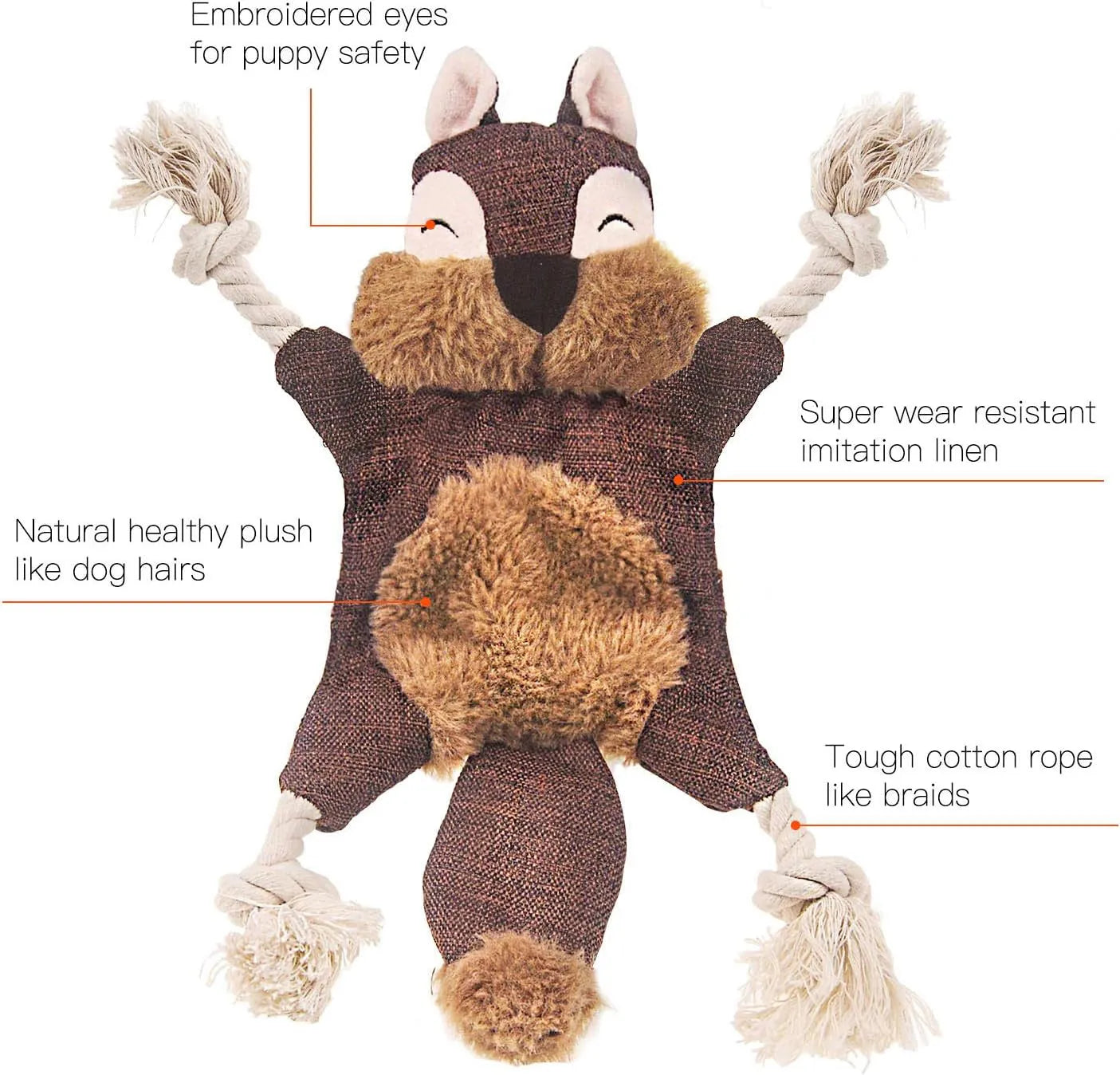 Brown fox dog toy with squeaker, crinkle paper sounds, and cotton rope arms for chewing