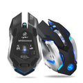 HXSJ black wireless gaming mouse with 2400 DPI, six buttons, four-way roller, 2.4GHz USB connection, and 10m range