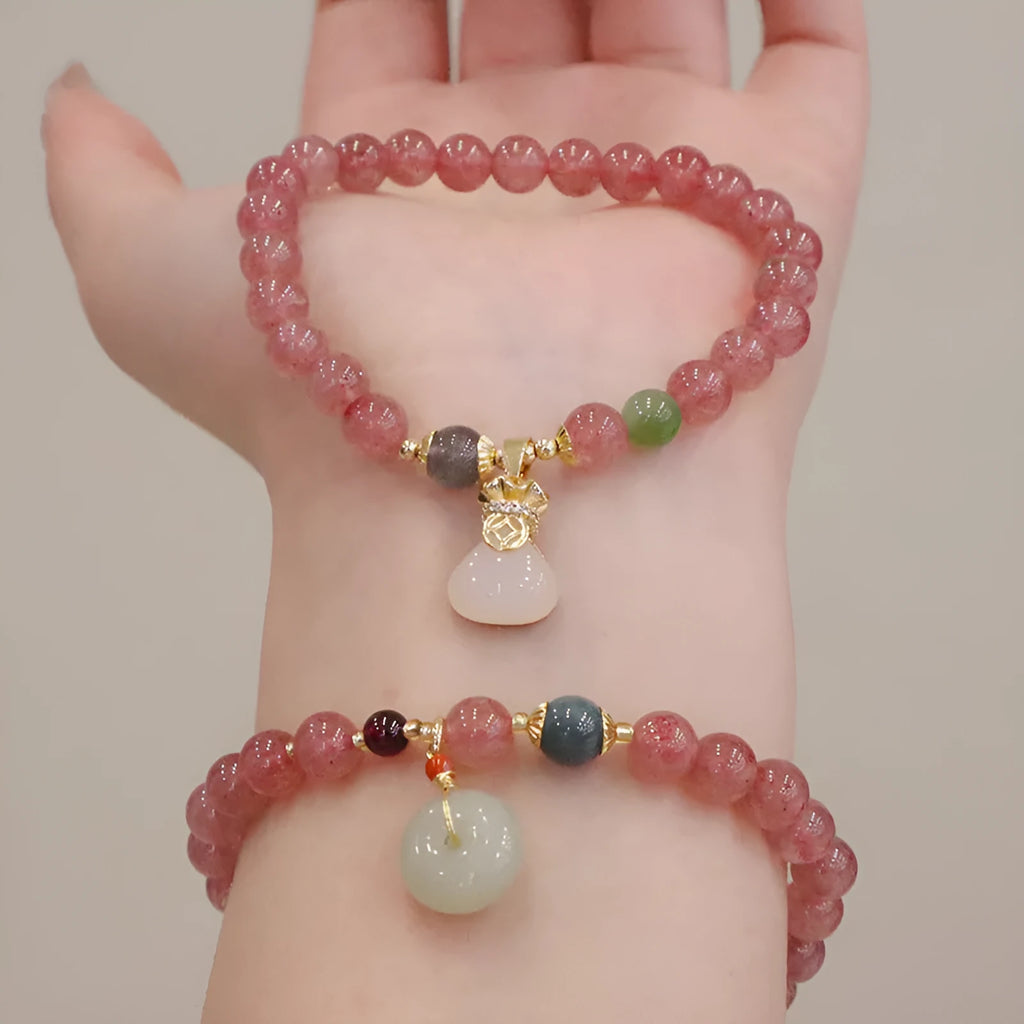 Pink strawberry quartz purse bracelet with geometric stones and safety buckle clasp