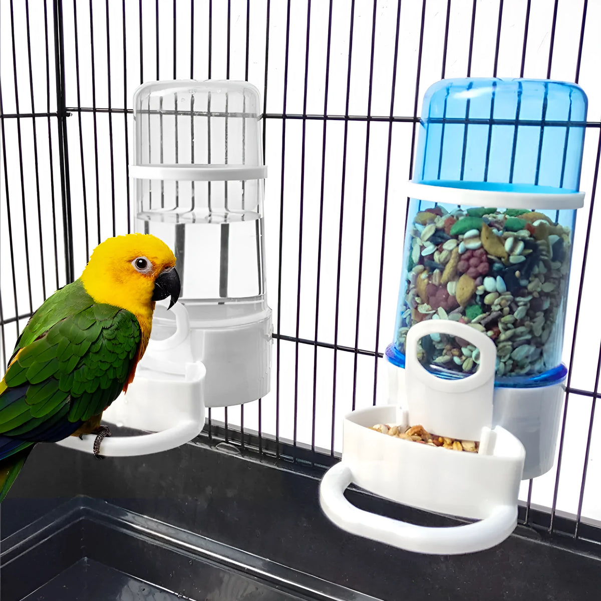 PP and PS bird water dispenser, large 7cm diameter 15cm height drinking jug for 1-1.5cm cage wire spacing, blue or white