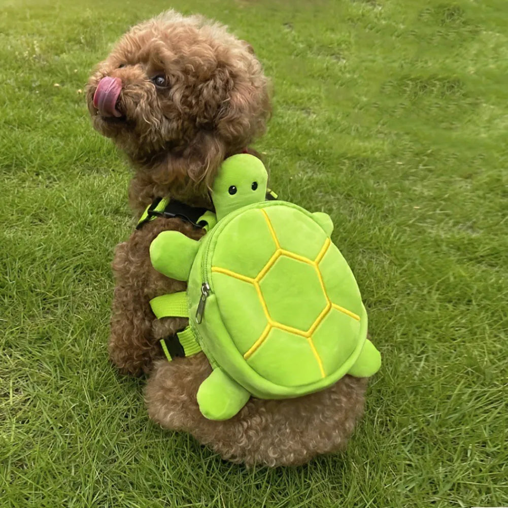 Cartoon turtle shape dog backpack vest with integrated harness in velvet material