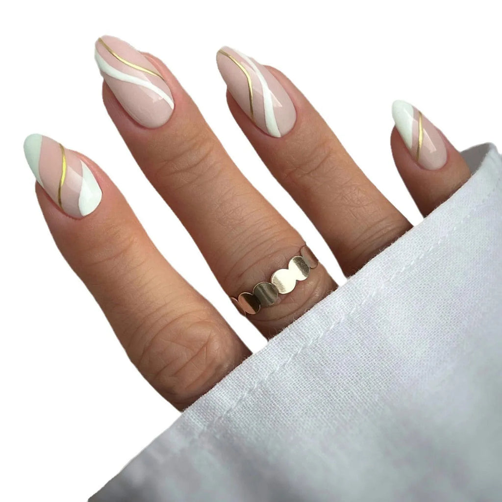 Golden Lines plaid pattern wearable nail stickers in medium drop shape