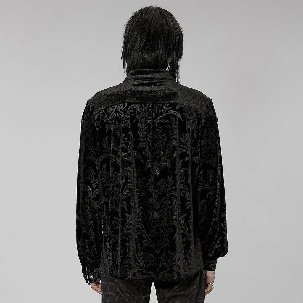 Men's black velvet shirt with Gothic printing, flocking, and fastener decoration on pointed collar long sleeve design
