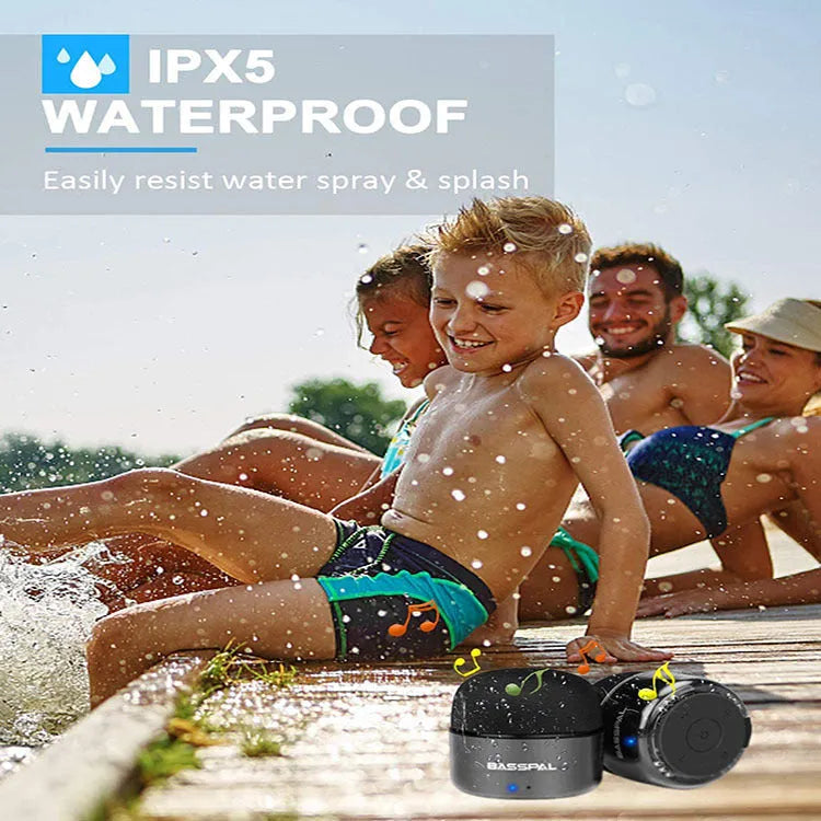 Black mini portable Bluetooth speaker showing button controls and compact design