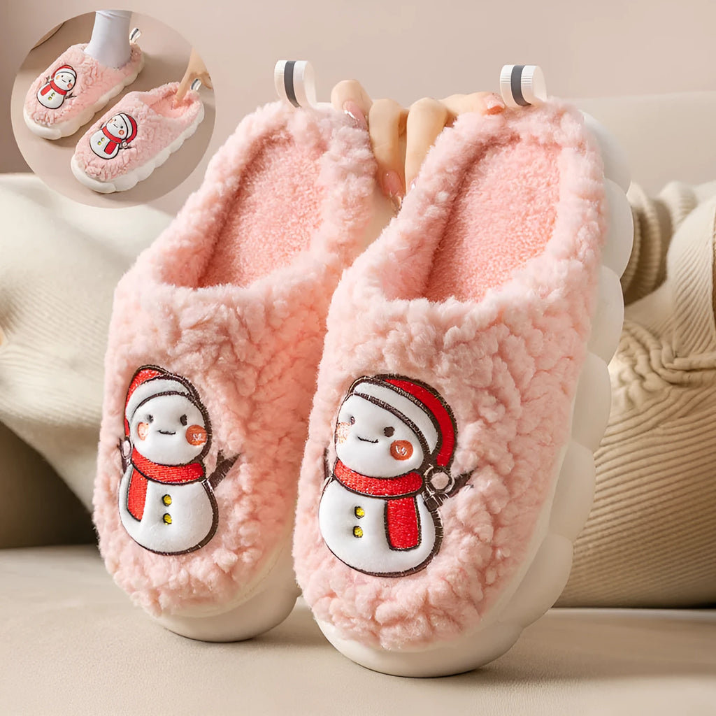 Cute snowman winter slippers in plush material with thick anti-slip PVC sole on indoor floor