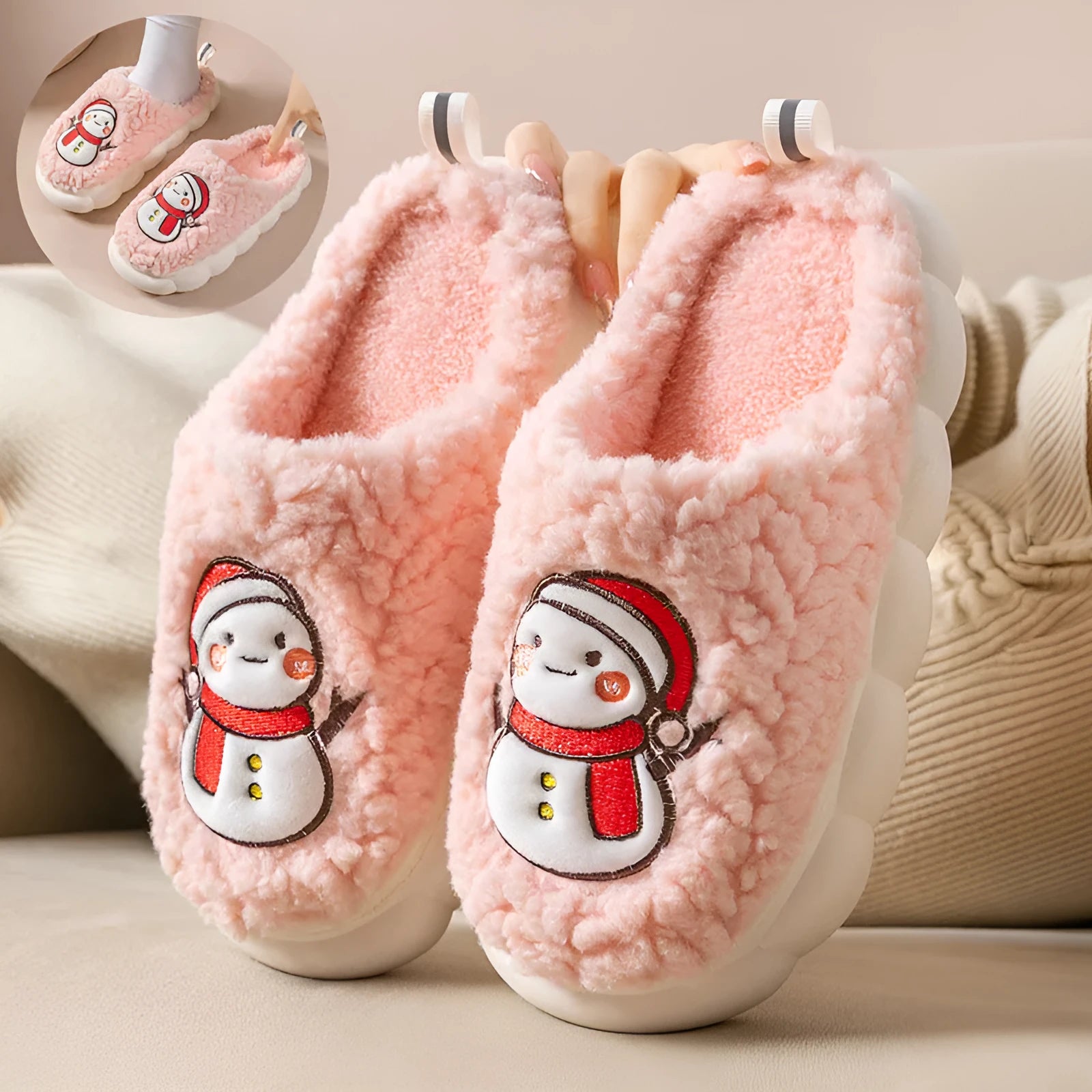 Cute snowman winter slippers in plush material with thick anti-slip PVC sole on indoor floor