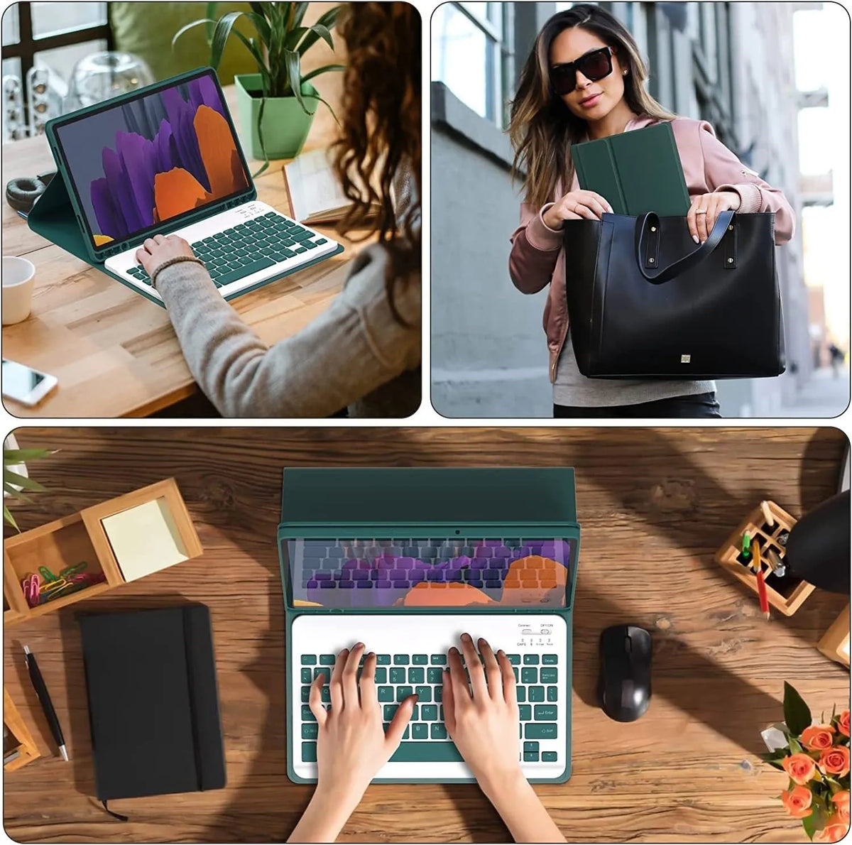 Samsung Galaxy Tab in a TPU case with a Bluetooth keyboard and charging mouse in Dark Green.