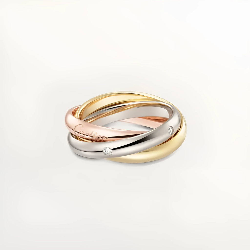 Geometric U-shaped silver couple ring set with full diamond and plain finish options on a size chart.
