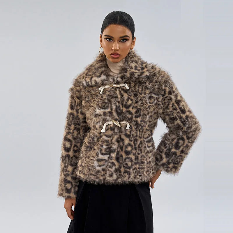 Women's leopard print coat with buckle lapel in polyester street fashion style