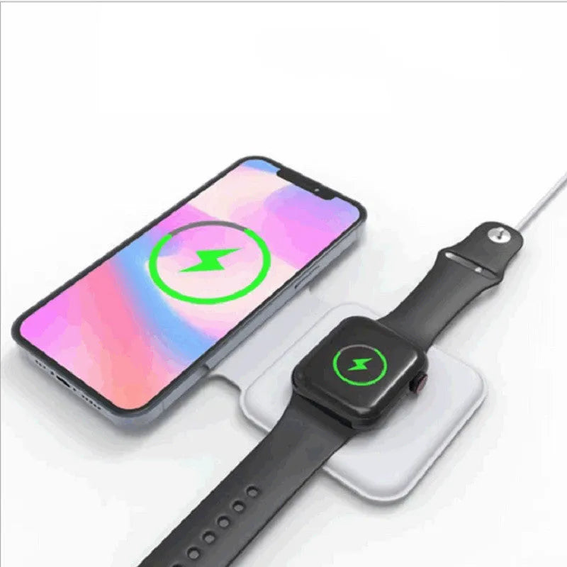 White foldable magnetic wireless charging dock showing dual charging pads and Type-C port
