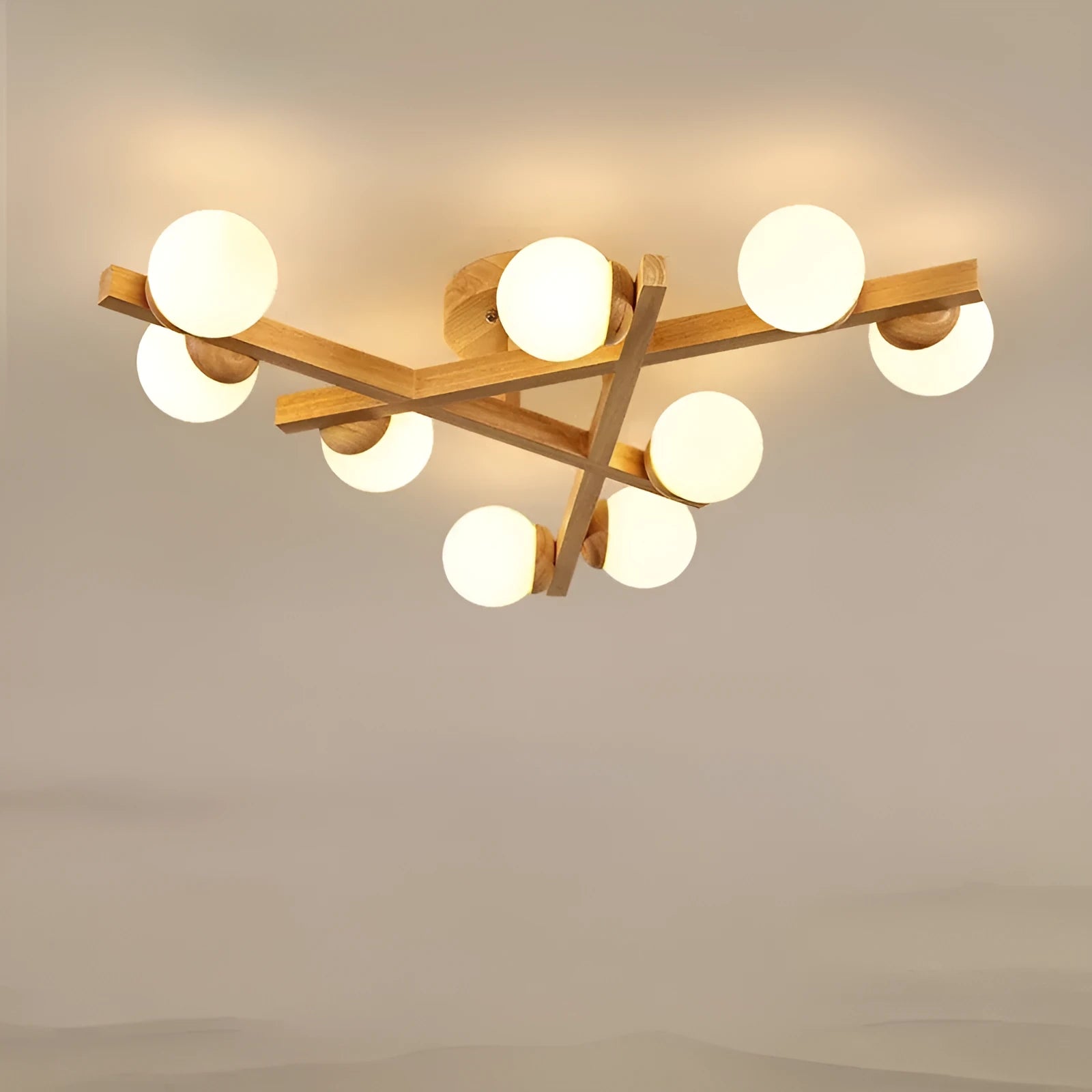 Modern wooden style ceiling lamp with three adjustable light heads emitting neutral white illumination