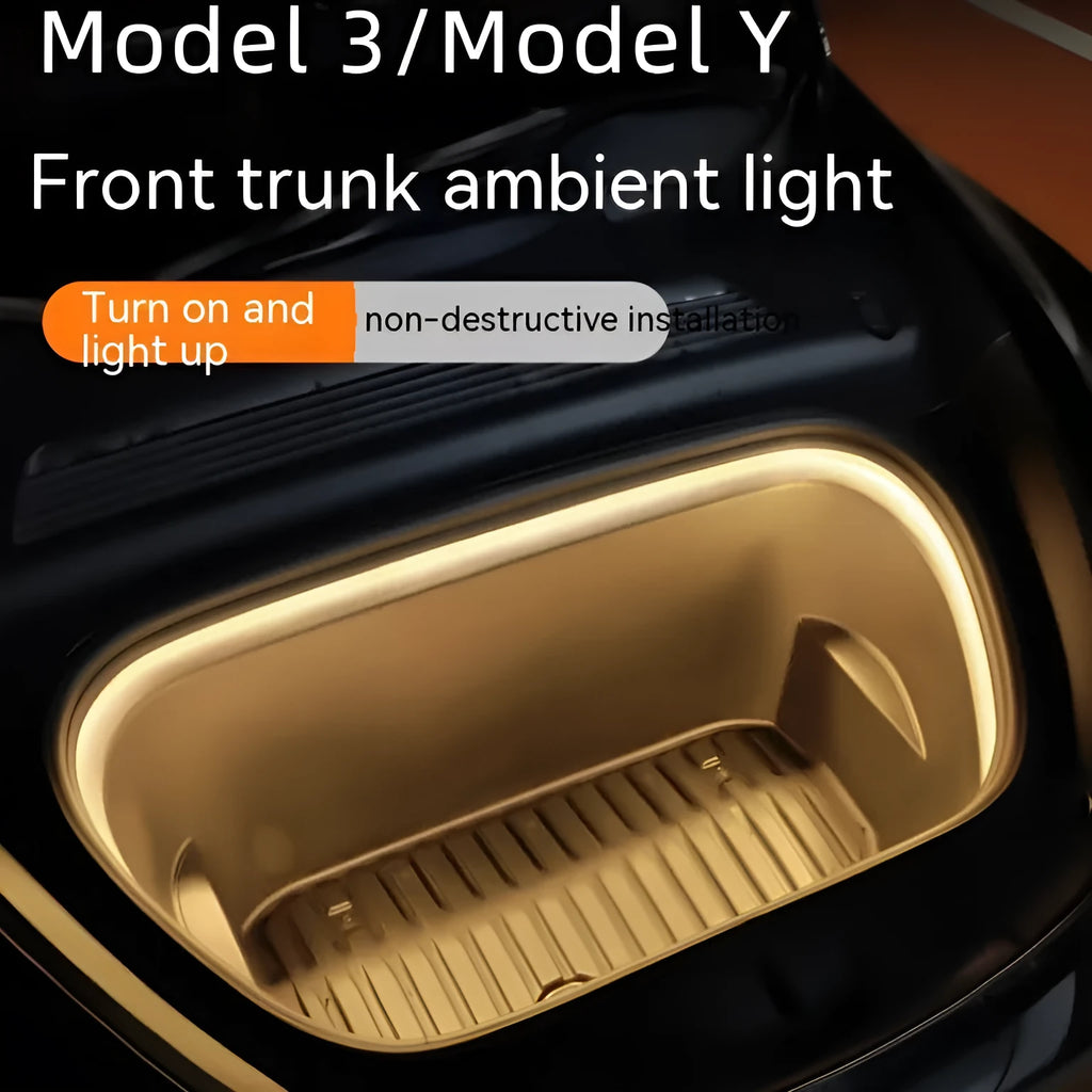 Tesla Model 3 Y front backup box ambience interior light kit with soft silicone bar in ice blue, pure white, and warm white