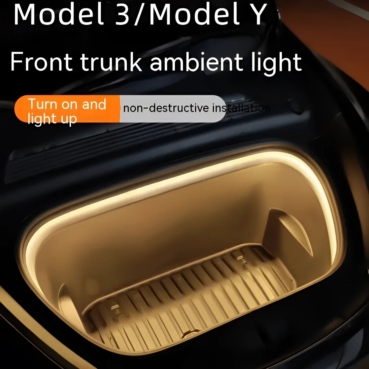 Tesla Model 3 Y front backup box ambience interior light kit with soft silicone bar in ice blue, pure white, and warm white