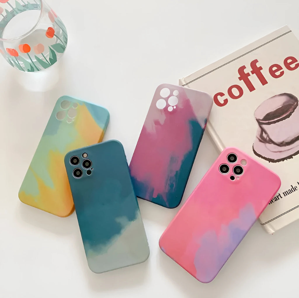 Soft silicone phone case with oil painting gradient geometry abstract pattern in blue green pink purple for iPhone