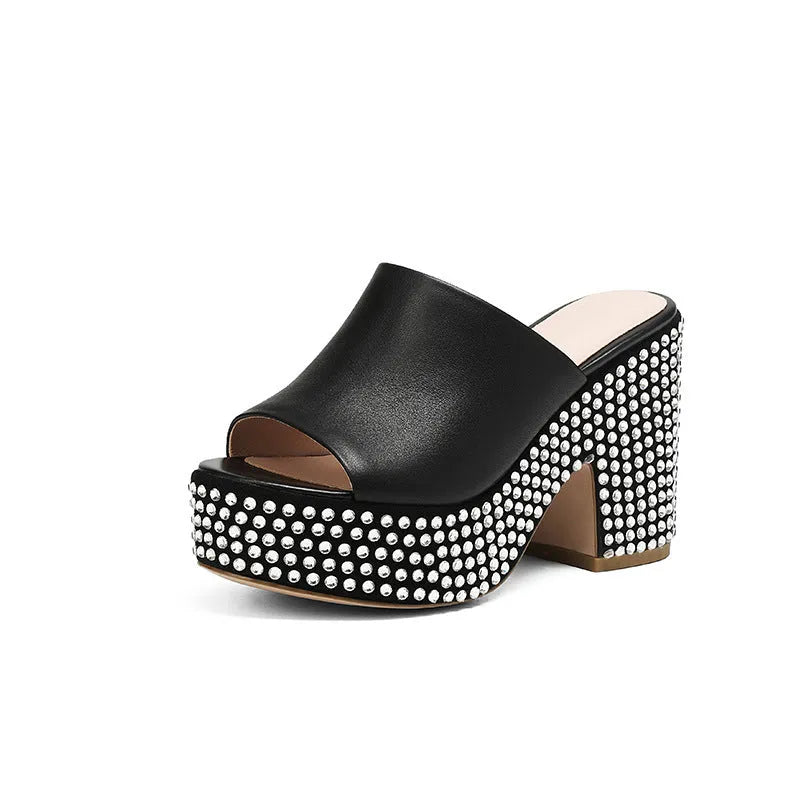 Black women's platform sandals with chunky heel, round toe, and Czech diamond leather upper