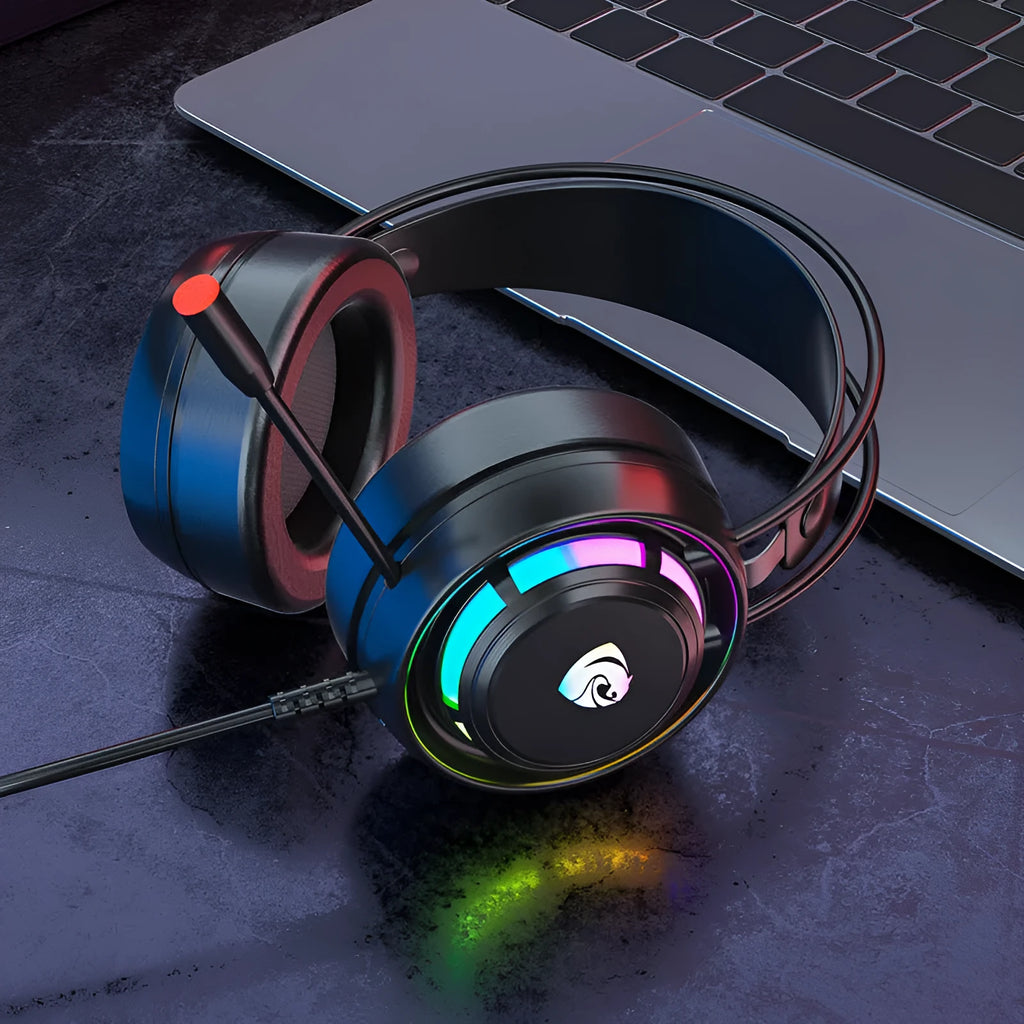 Black computer head-mounted headphones with microphone featuring 50mm drivers and choice of 3.5mm plug or USB connection