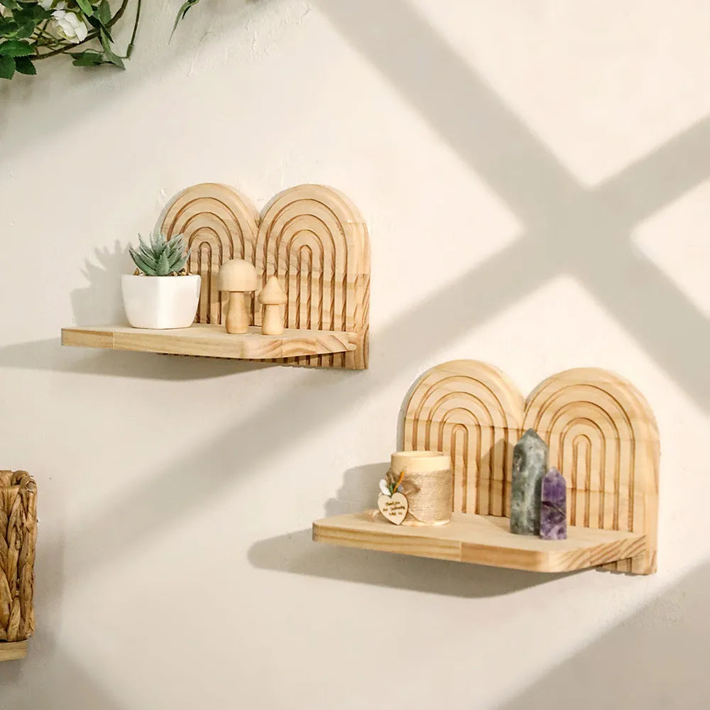 Solid wood multi-layer wall rack with flower pots displayed on staggered shelves