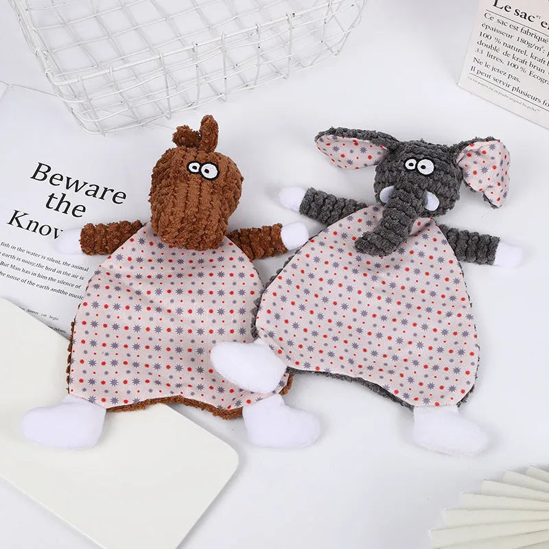 Pet stuffed toy with crinkle paper sounds in fox or elephant design with velvet fabric