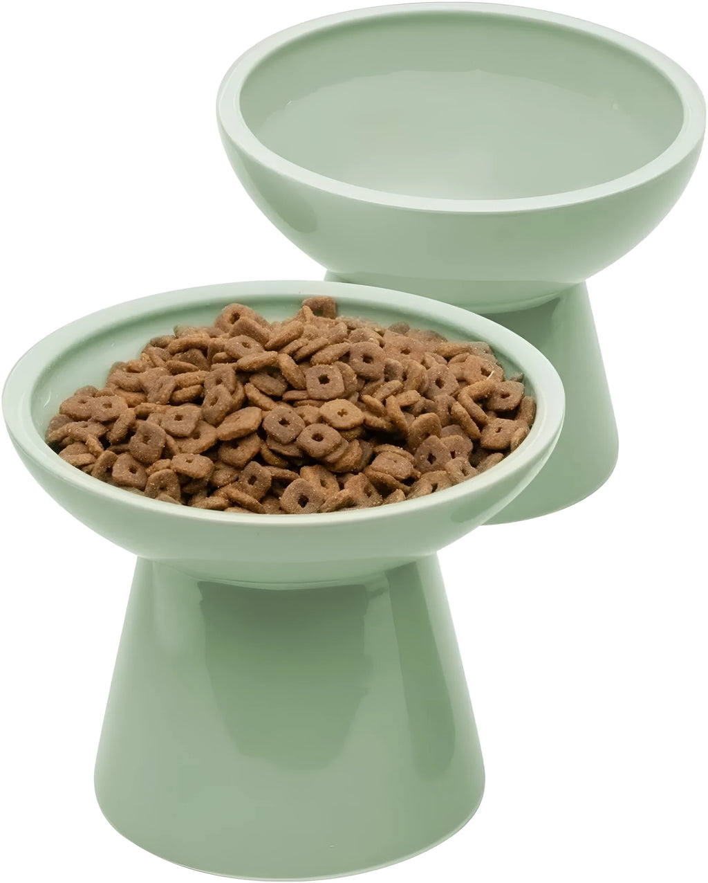 Blue ceramic elevated cat food bowl with wide shallow dish on a white surface.