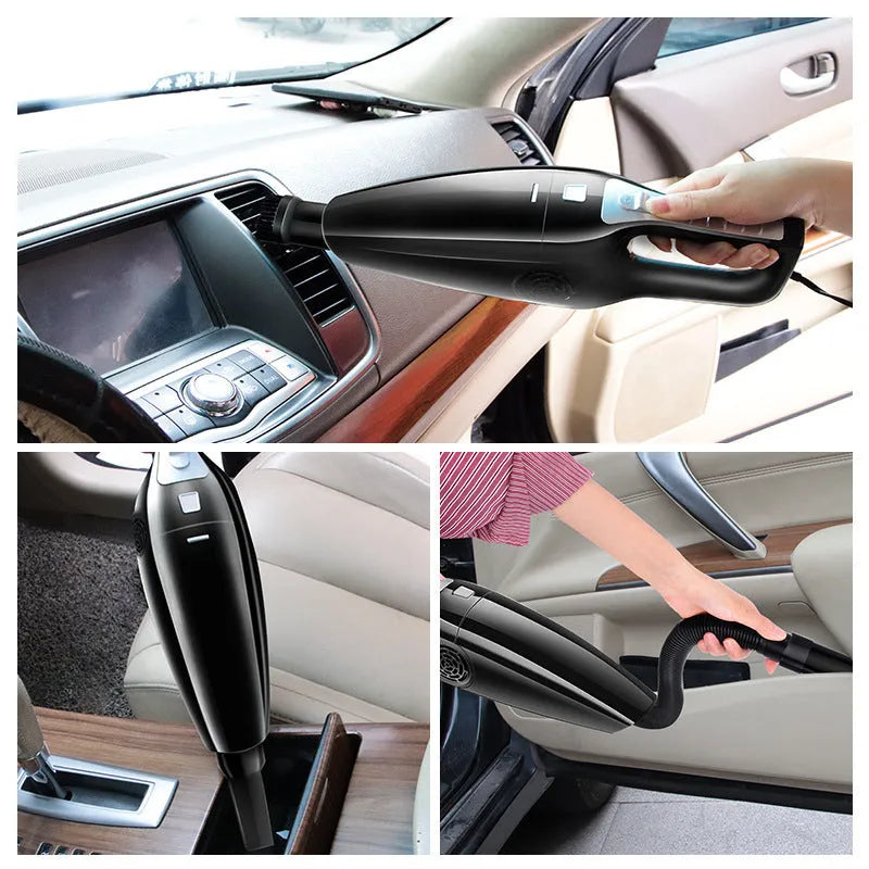 Black and orange 120W car vacuum cleaner with cigarette lighter plug for vehicle interior cleaning