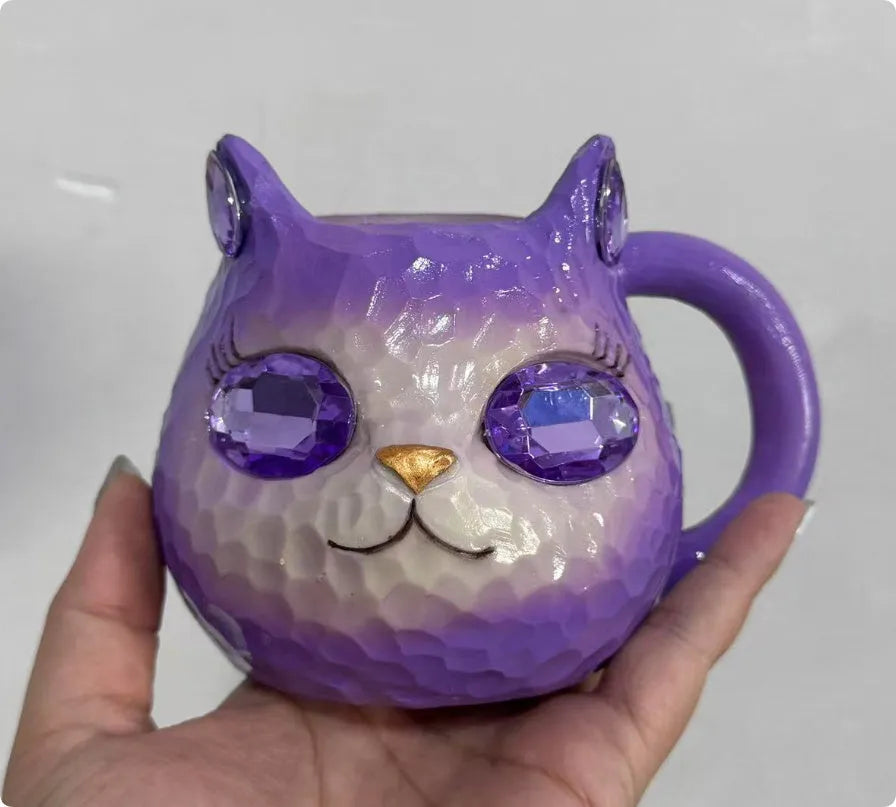 American style resin cat cup decorative figurine in purple, green, blue, or pink.