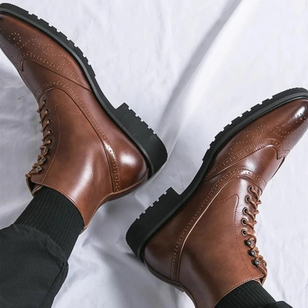Men's leather thick sole mid top work shoes in black and brown sizes 38-46