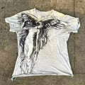 Men's grey gothic cartoon print short sleeve t-shirt laid flat.