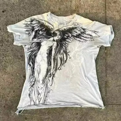 Men's grey gothic cartoon print short sleeve t-shirt laid flat.