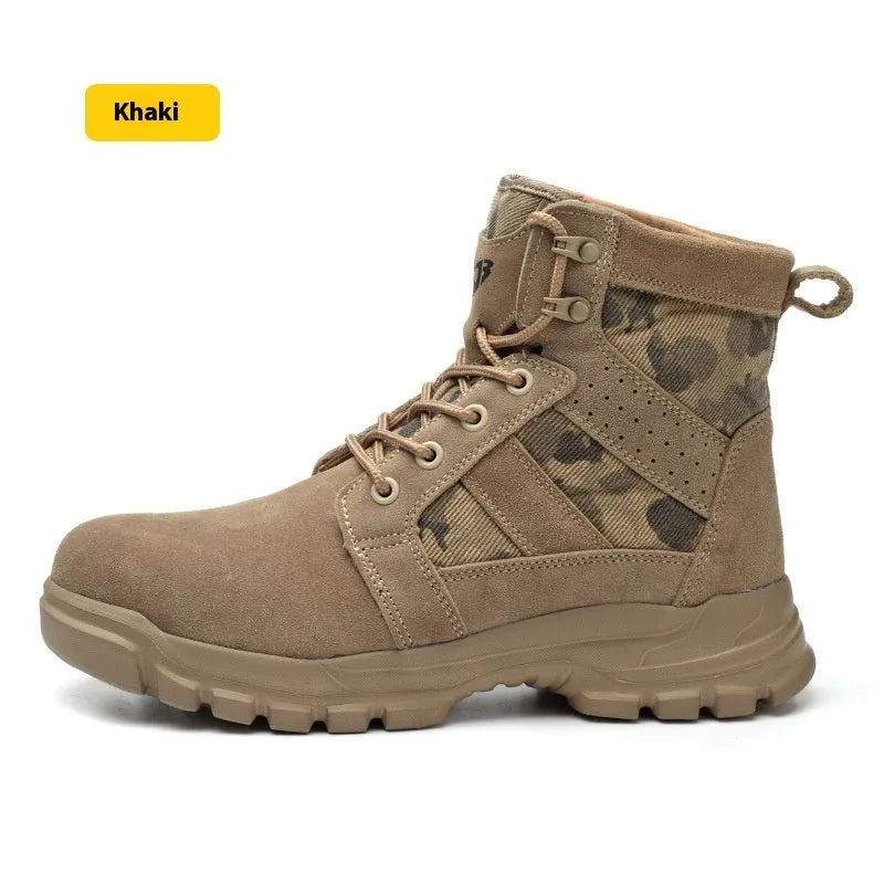 Khaki suede high-top safety boots with steel toe cap and front lace-up closure