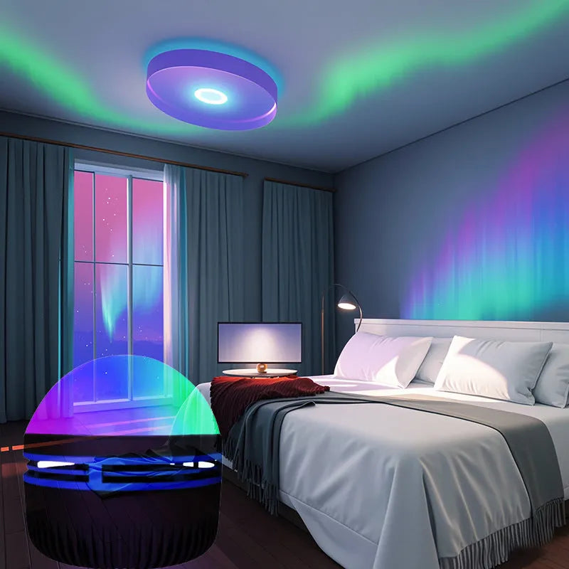 Water ripple LED projection night lamp with colourful northern lights effect on a bedside table