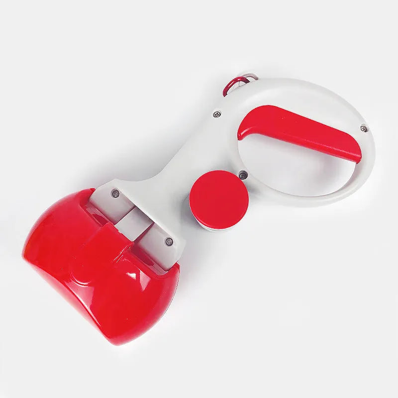 Blue ABS plastic pet pooper scooper with integrated trash bag holder and top carry hook.
