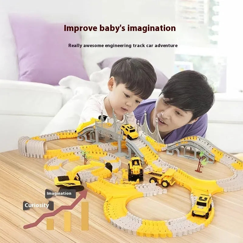 Rail car toy plastic track set with sliding cars and two electric vehicles in multiple colour options