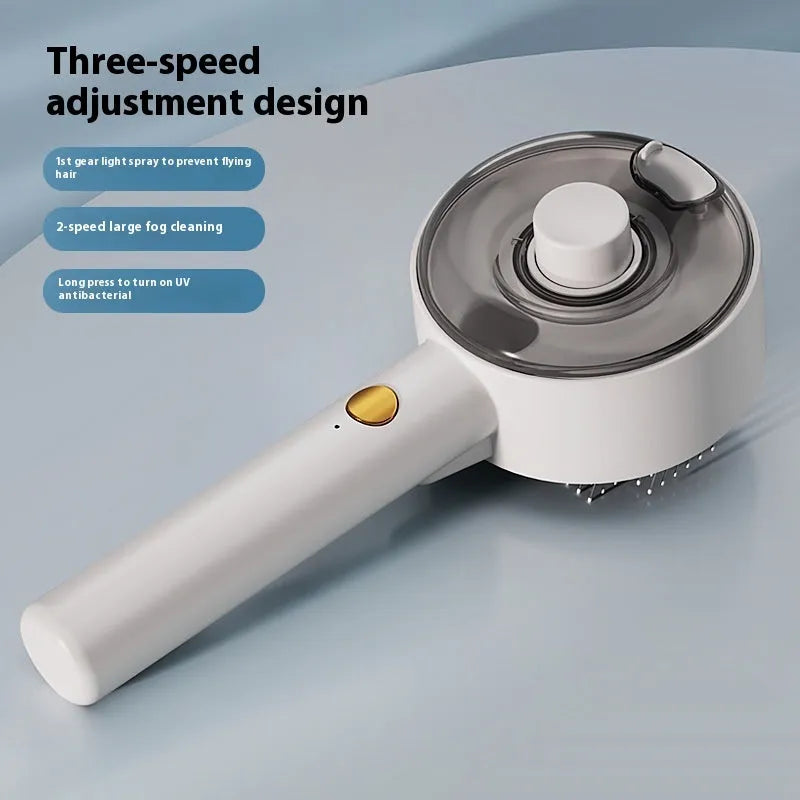 Ceramic white pet grooming brush with steam function, UV-C light, and self-cleaning hair removal