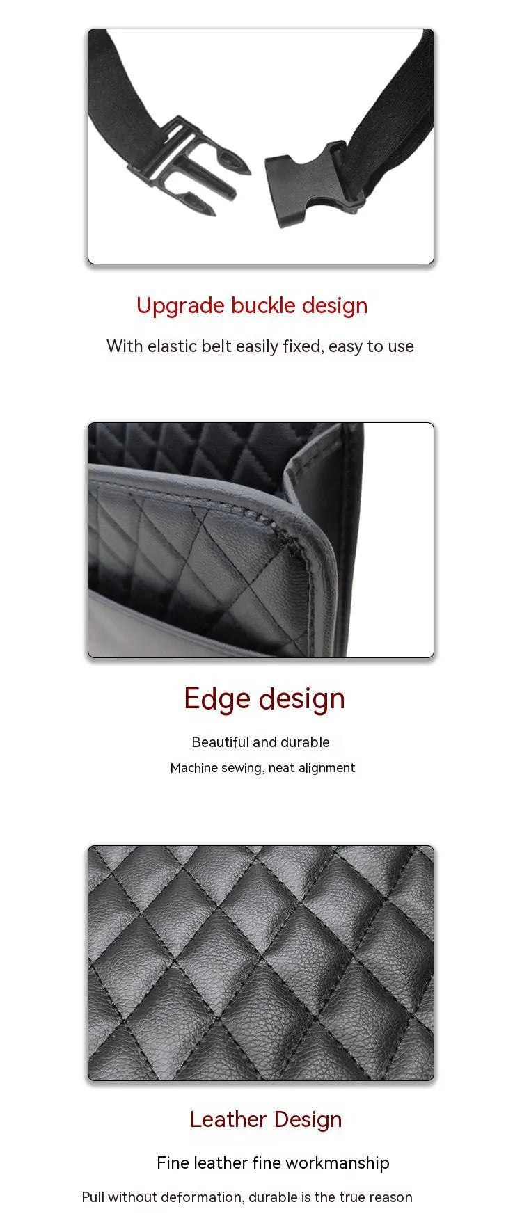 Leather car interior hanging storage bag organiser in black, pink, green, or white colours