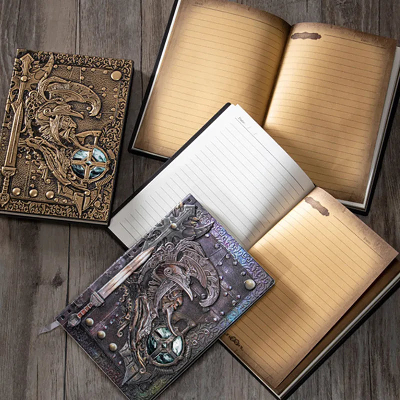 A5 leather notebook with embossed 3D warrior design on the cover.