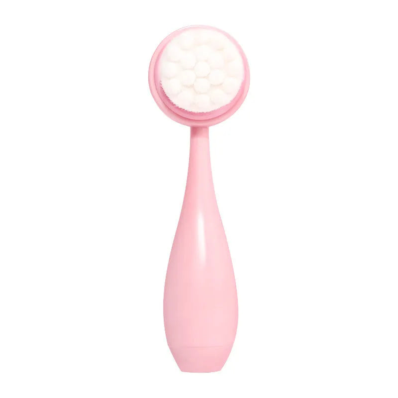 Purple, grey, white, and pink facial brush with coral fleece hair band and multiple brush heads