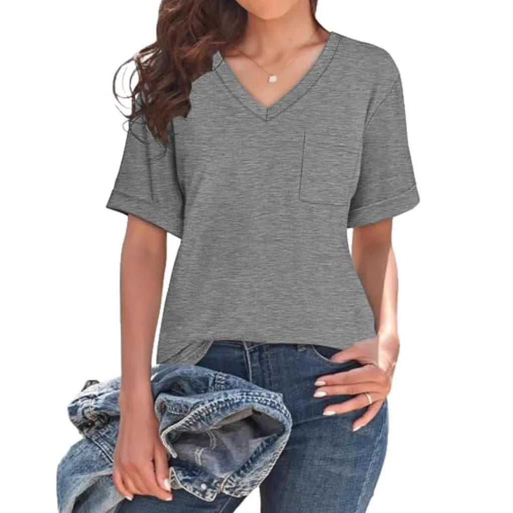 Grey loose V-neck short sleeve T-shirt with front pocket