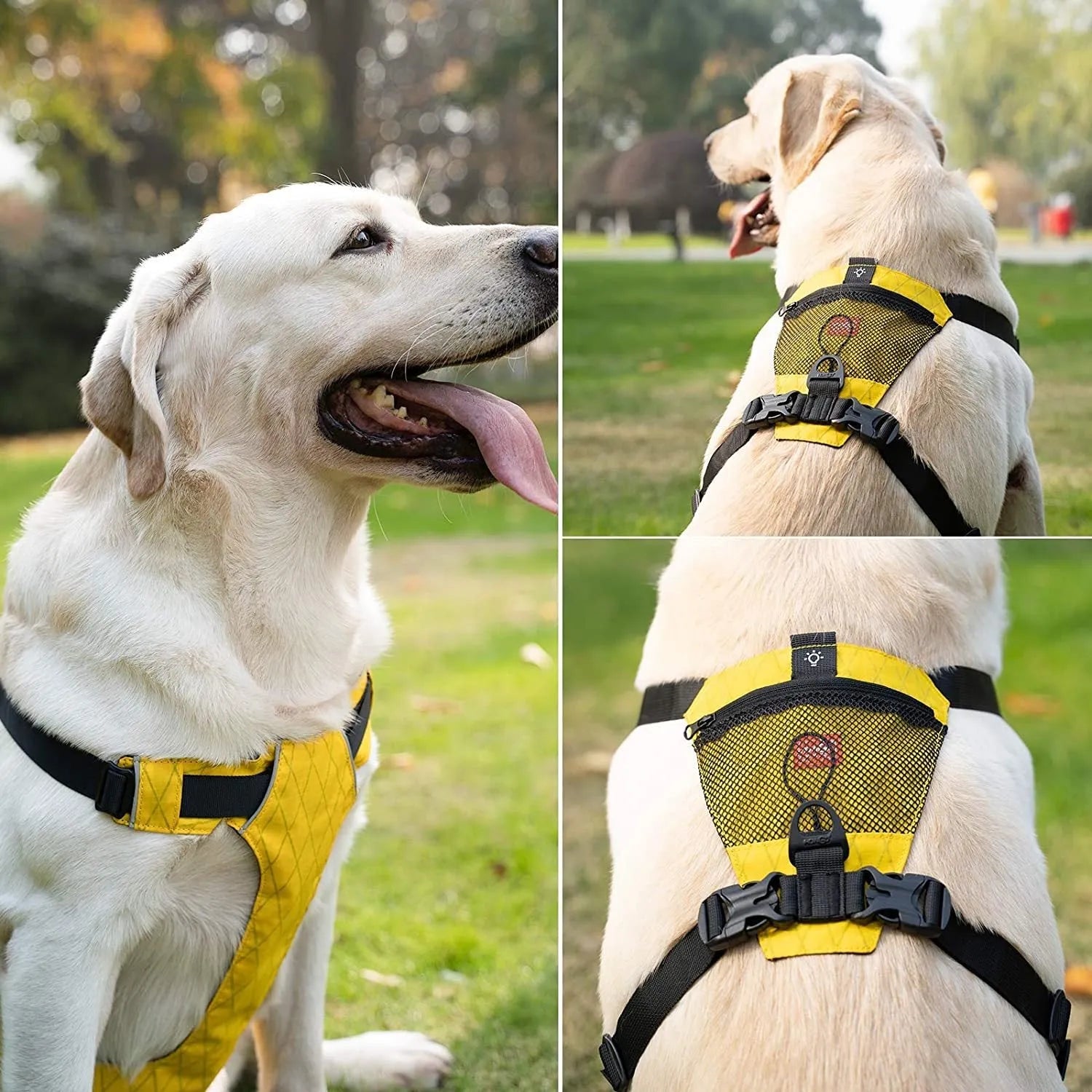 Waterproof reflective nylon dog harness in black, adjustable size, chest strap design