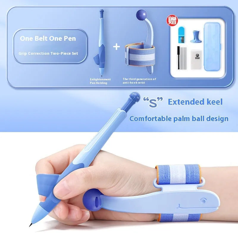 Blue anti-hook wrist brace and pen control corrector set for children's handwriting training