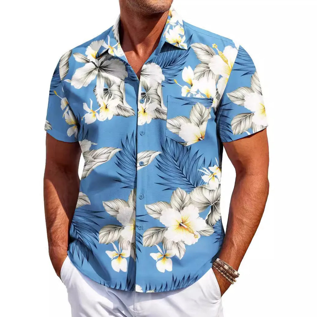 Men's slim fit Hawaiian short sleeve shirt in elastic polyester fabric for summer wear