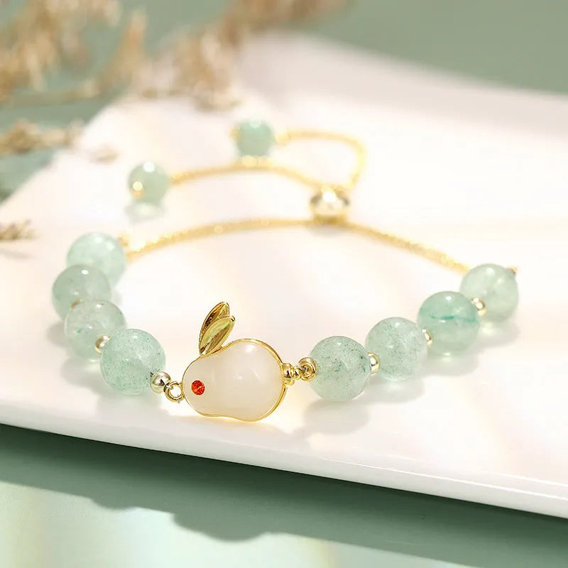 Rabbit charm bracelet with green aventurine or strawberry quartz beads