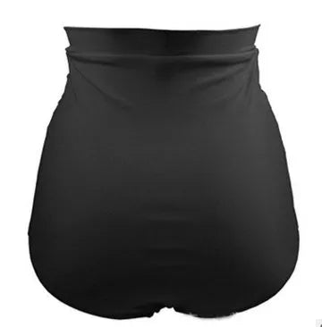 Solid colour high waist women's bikini bottom in black with adjustable side straps and gold ornaments