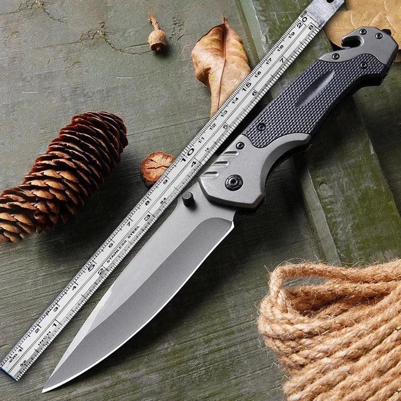 Alloy folding pocket knife with a choice of smooth or textured blade, shown open with a 115mm handle.