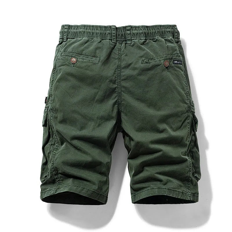 Men's cotton shorts with zipper and multiple pockets in army green colour.
