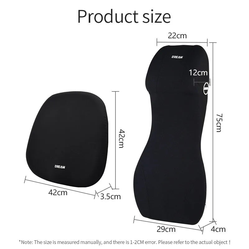 Black memory foam automotive lumbar support cushion with integrated headrest on a car seat.