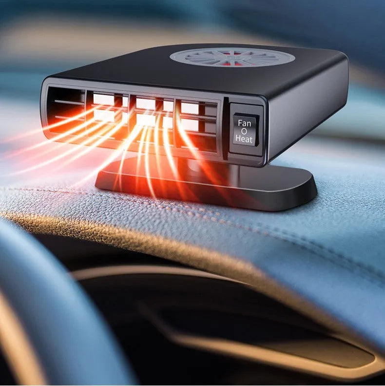 Black ABS vehicle-mounted car heater for defogging, shown with adjustable vents and double-sided adhesive.