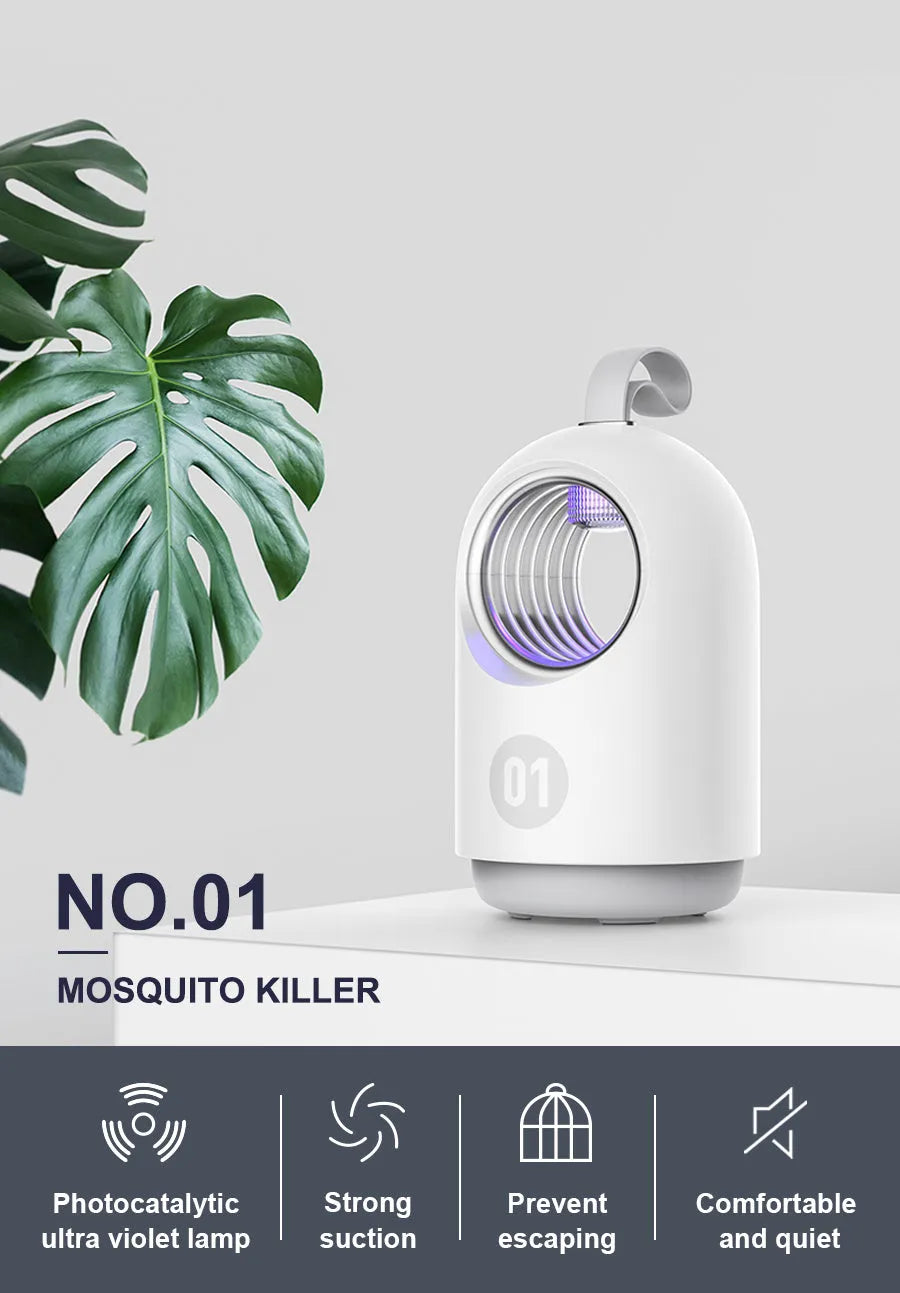 White or blue indoor mosquito killer lamp with UV light, silicone handle, and USB cable.