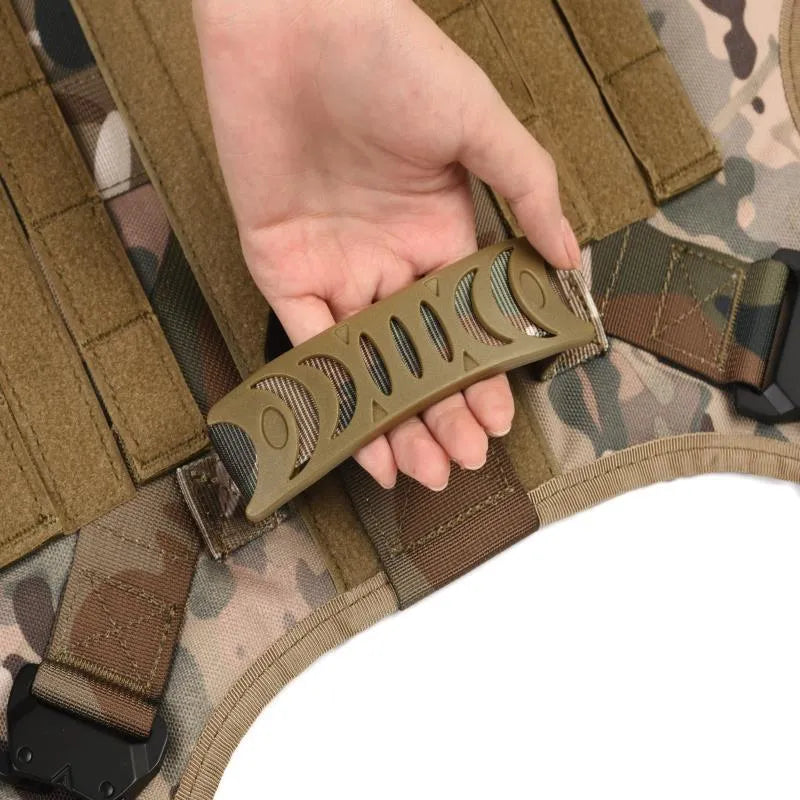 Dog wearing tactical combat vest set in CP camouflage with harness and protective gear