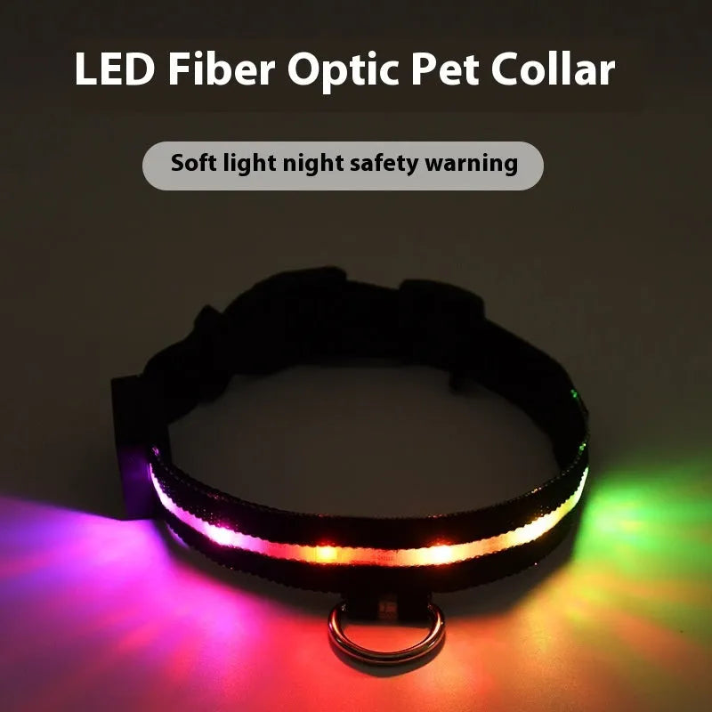 Black polyester LED luminous dog collar and 2.5cm x 120cm hand rope set in sizes S, M and L