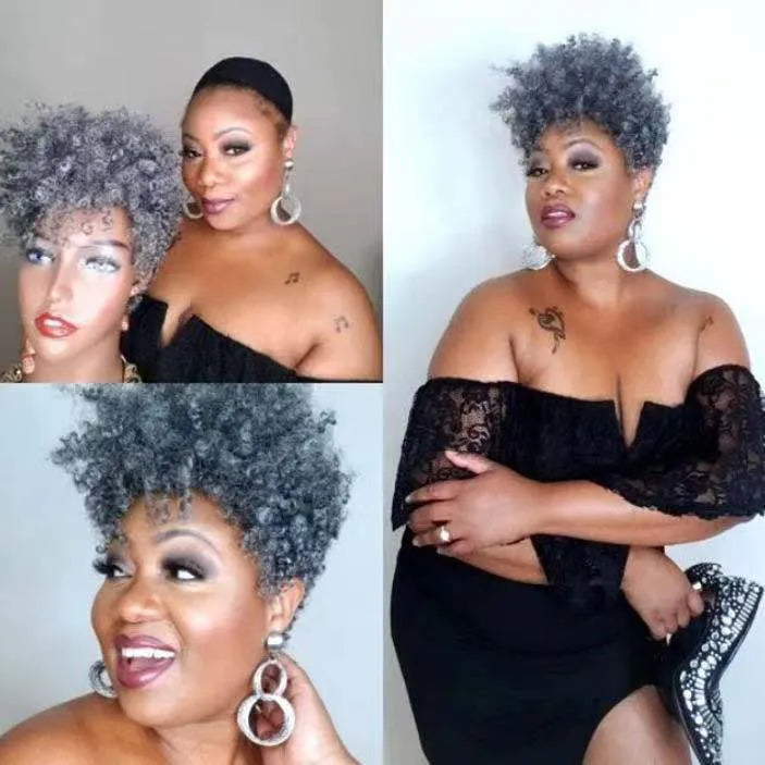 Women's short synthetic wig with exotic rolled style in Kanekalon fibre, shown in black.